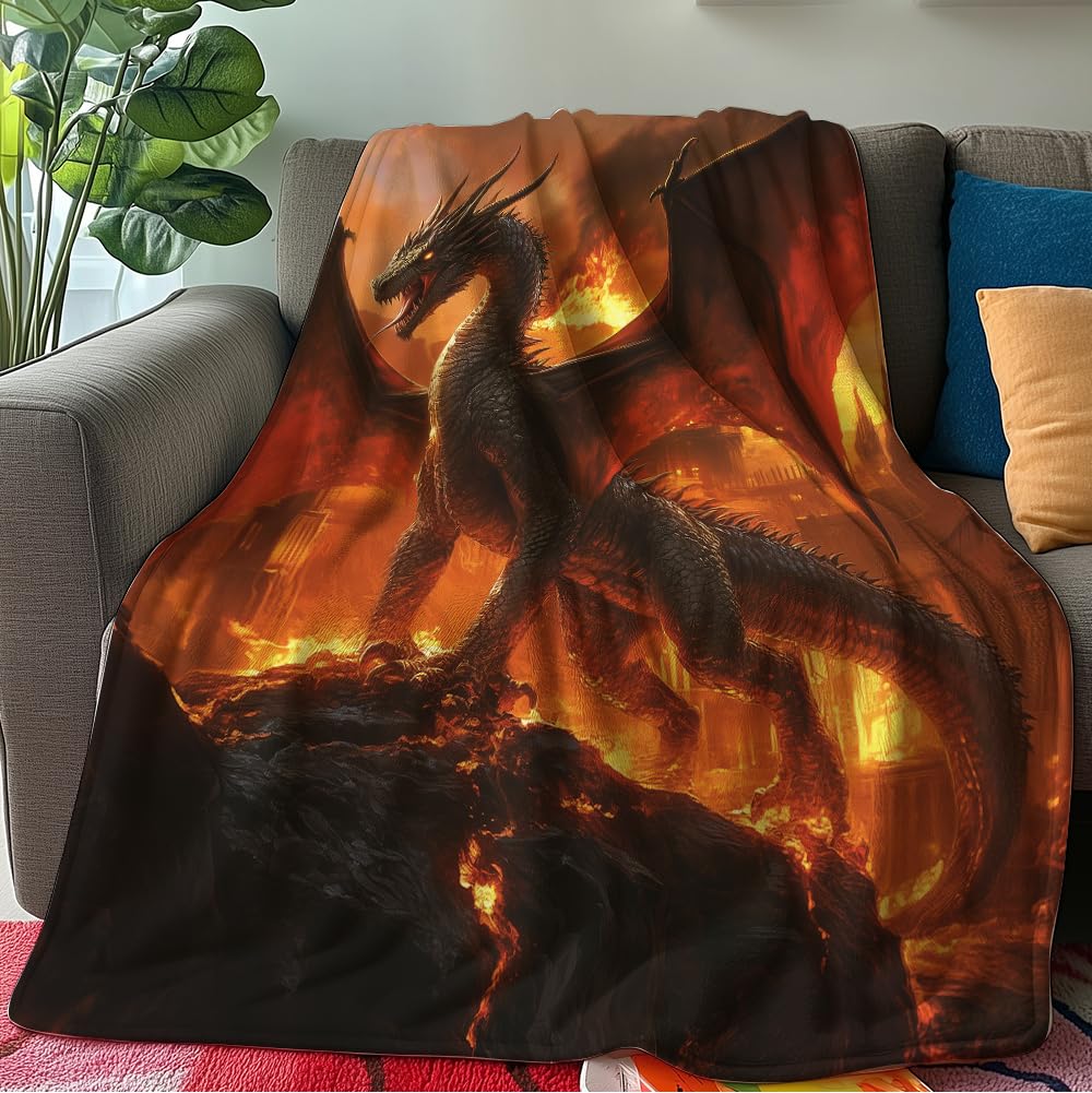 HUNXIAOJ Book Dragon Throw Blanket Dragon Gifts for Kids Animal Print Blanket Warm Soft Flannel for Kids Teens Adults Bed Sofa Couch (49in x 59in)