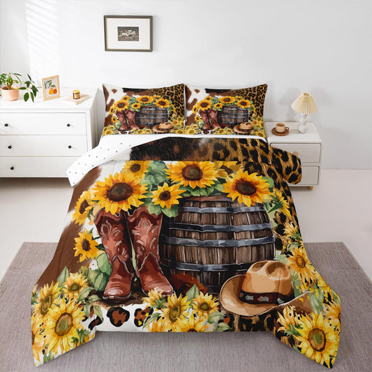Leopard Comforter Cover Comforter Set Western Cowboy Sunflower Boots Bedding Set for Children Boys Microfiber Wild Animal Skin Patchwork Brown Duvet Set Room Decor Comforter Inner Fill Queen Size