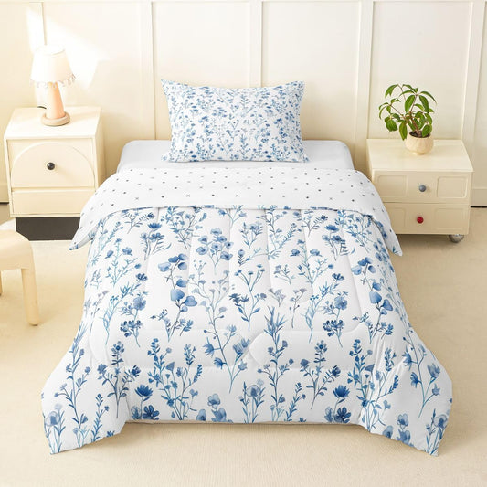 Cute Floral Comforter Set For Women Girls Rustic Flower Bedding Set Twin Botanical Blue Wildflower Duvet Insert For Kids Teens Adult Modern Minimalist Cottagecore Down Comforter With 1 Pillow Case