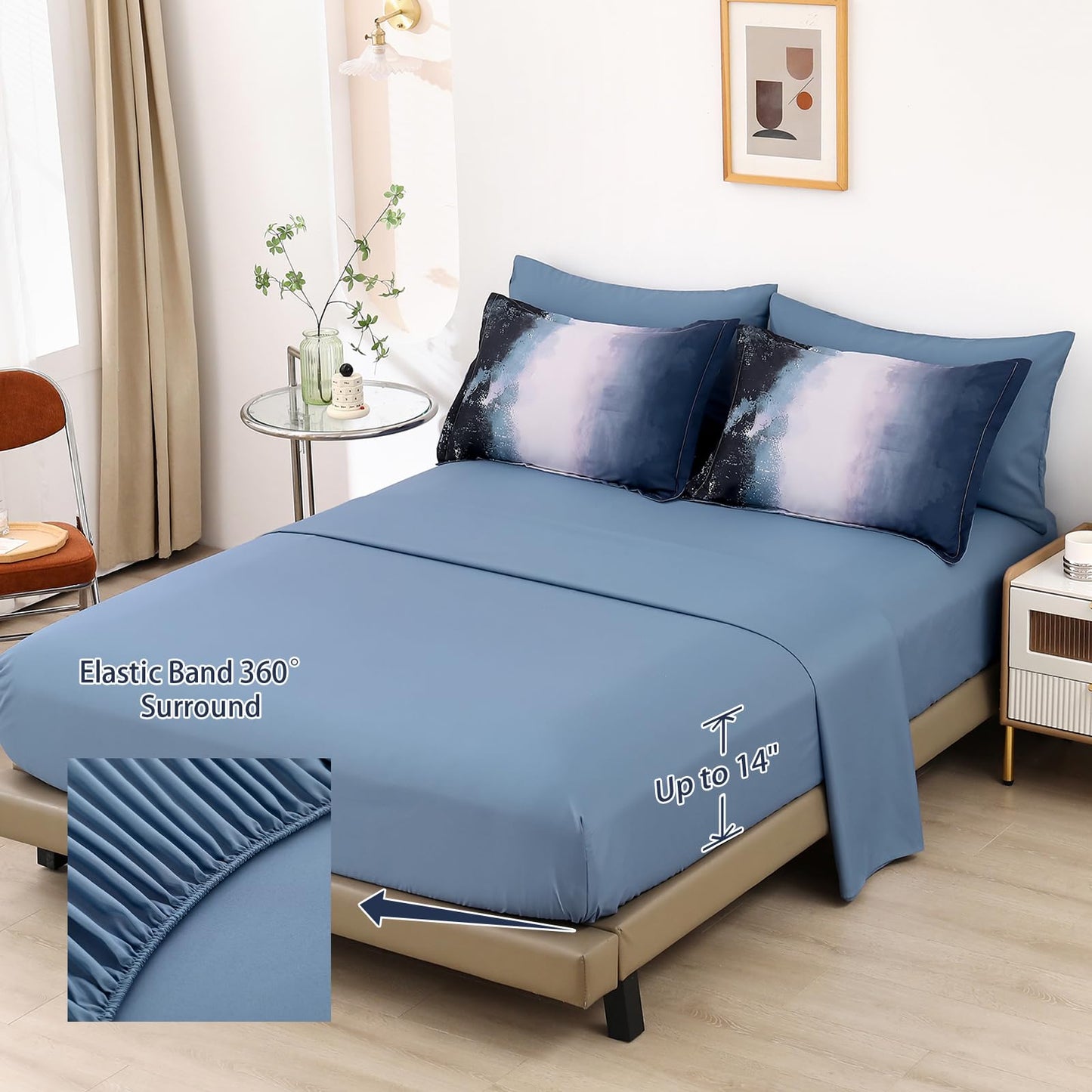 Dinjoy Ombre Blue Comforter Set Queen Size Gradient Navy Blue Black Boho Bedding Set for Teen Men Women 7 Pieces Bed in A Bag Bohemian Bed Set with Comforter, Sheets, Pillowcases & Shams