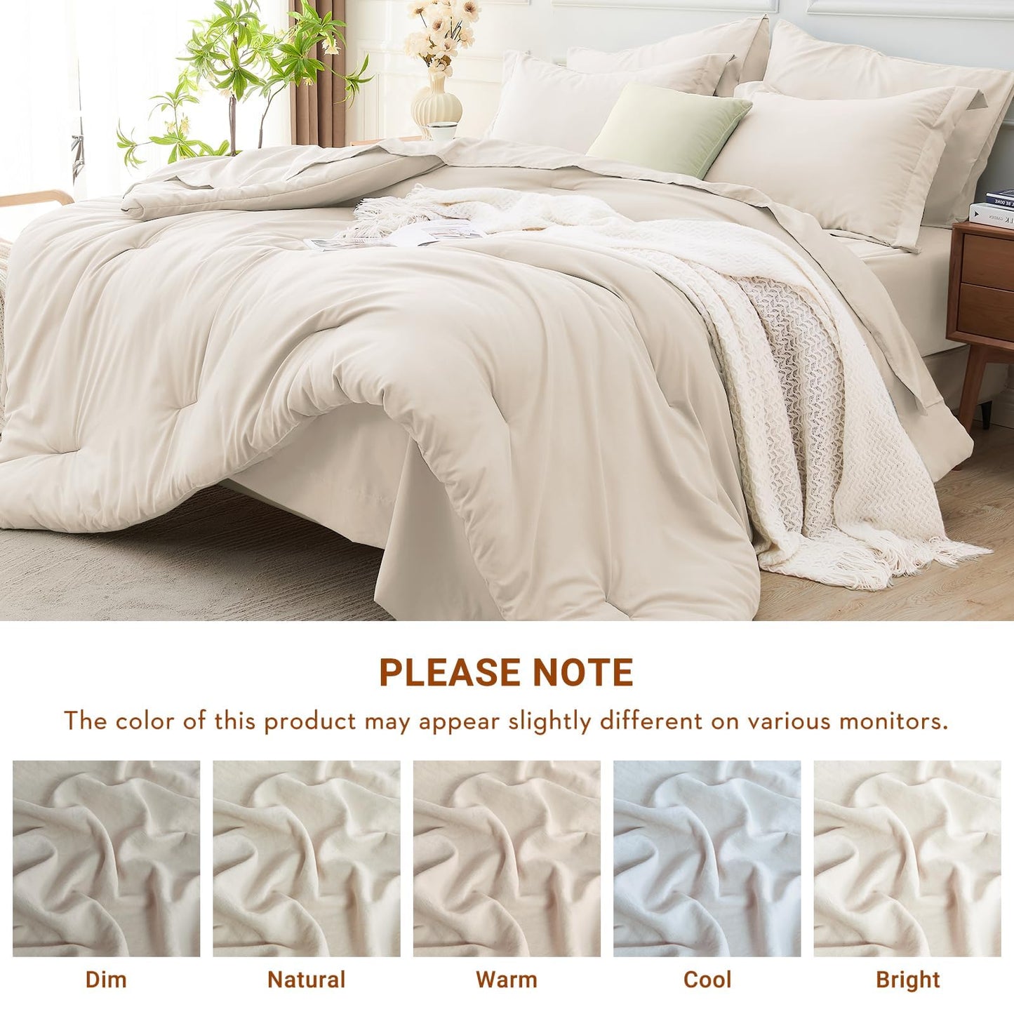 MUXHOMO 7 Pieces King Comforter Set, Soft Bed in a Bag King Size, All Season Bedding Set with Comforter, Flat Sheet, Fitted Sheet, Pillowcases & Shams, Beige