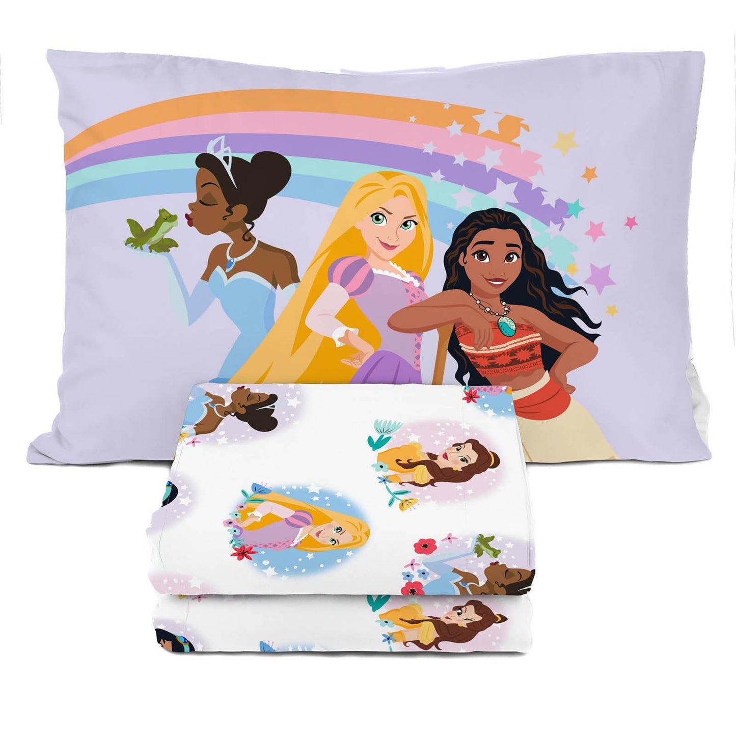 Sunny Side Up Disney Princess Twin Sheet Set - 3 Piece Kids Bedding Set Includes Pillow Cover – Super Soft Rainbow Microfiber Sheets Features Moana, Belle & Rapunzel