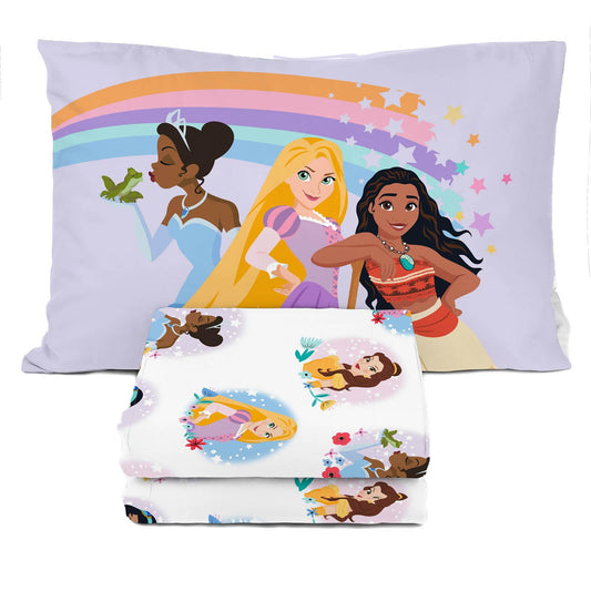 Sunny Side Up Disney Princess Twin Sheet Set - 3 Piece Kids Bedding Set Includes Pillow Cover – Super Soft Rainbow Microfiber Sheets Features Moana, Belle & Rapunzel