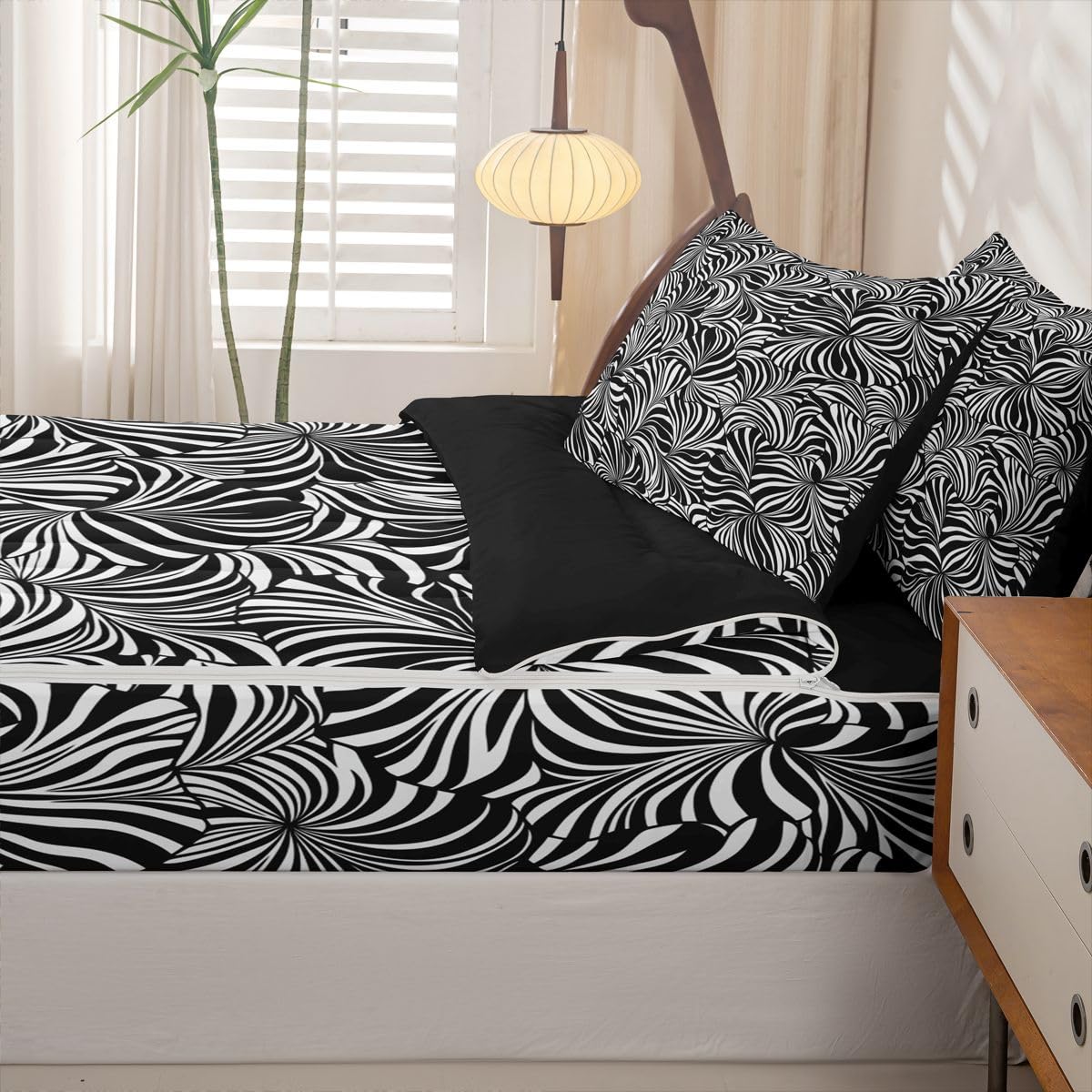Erosebridal Striped Art Zipper Bedding Abstract Geometric Full Zip Up Comforter Set for Teens Adults White Black Swirl Lines Sheets and Pillowcases Aesthetic Geometric Bedroom Decor