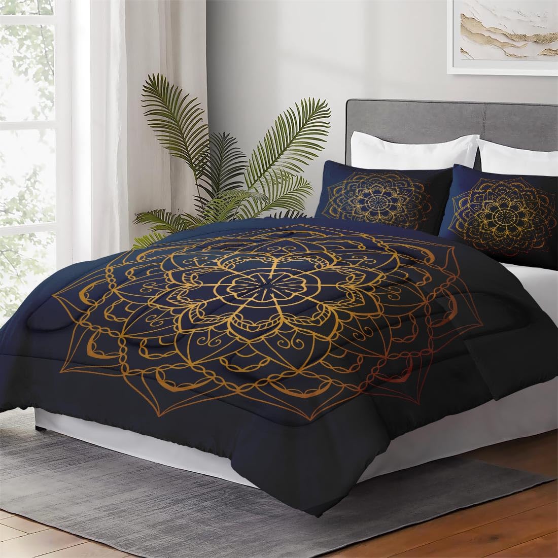 WeCozy Queen Size Comforter Set with 2 Pillowcases, Navy Blue Boho Gold Mandala Soft 3 Pcs Bedding for Kids and Adults Bedroom Bed Decor