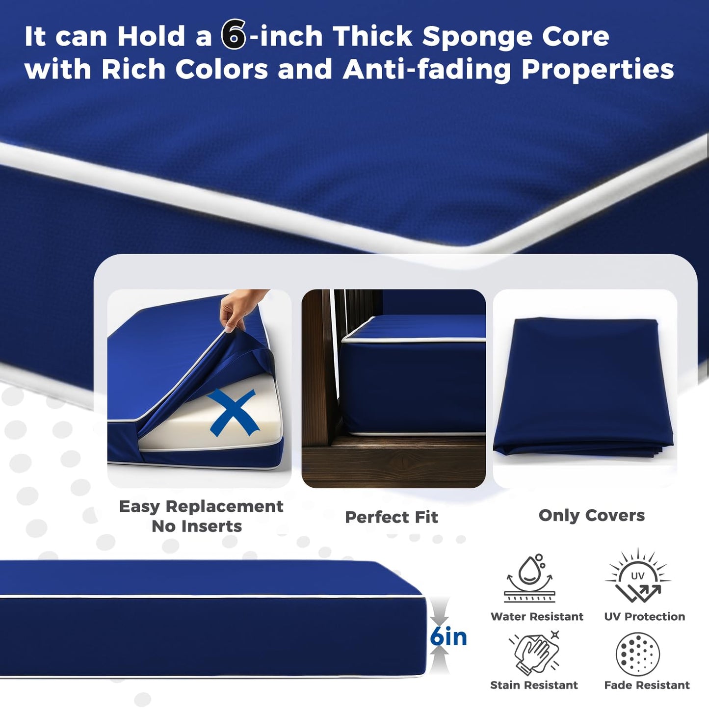Twin Size Outdoor Daybed Mattress Cover，Outdoor Twin Cushion Cover for Swing Bed with Zipper，Porch Swing Bed Mattress Bolster Pillow Fitted Sheet Covers，Only Covers (Navy blue, 75*39*6in)