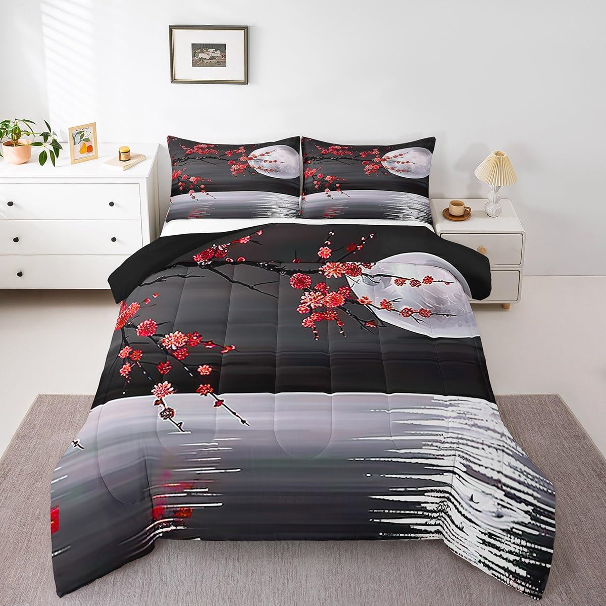 Manfei Dreamy Moon Night Twin Size Comforter Set for All Seasons,Red Flower Lake Bedding Set Teens Bedroom Decor,Romantic Japanese Style Comforter Inner Fill with 1 Pillowcase
