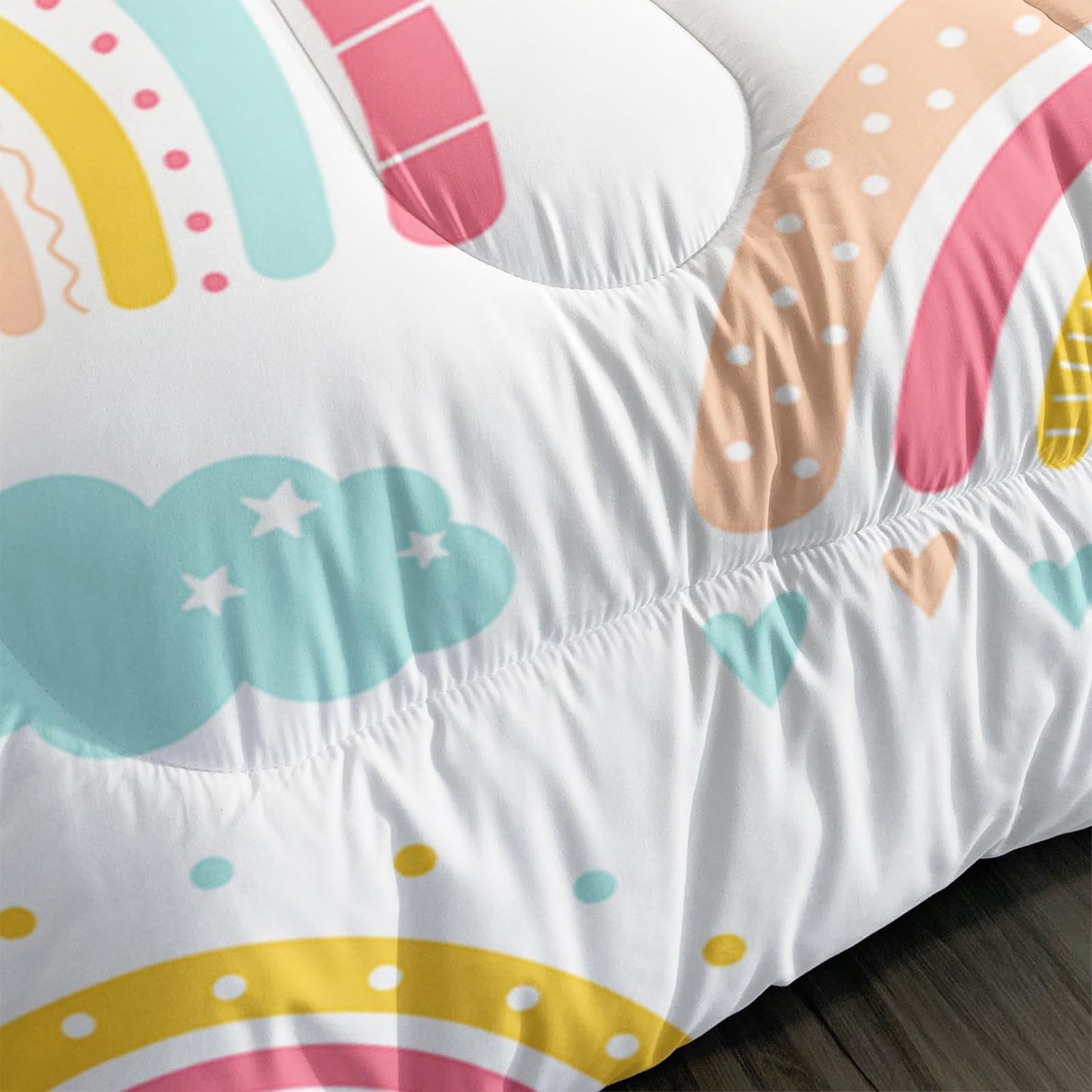 QOOMO 3Pcs Rainbow Comforter Set Twin,Cloud and Star Bedding Set for Teens Boys Girls,Colorful Printed Comforter with 2 Pillowcases,Down Alternative,Soft and Lightweight