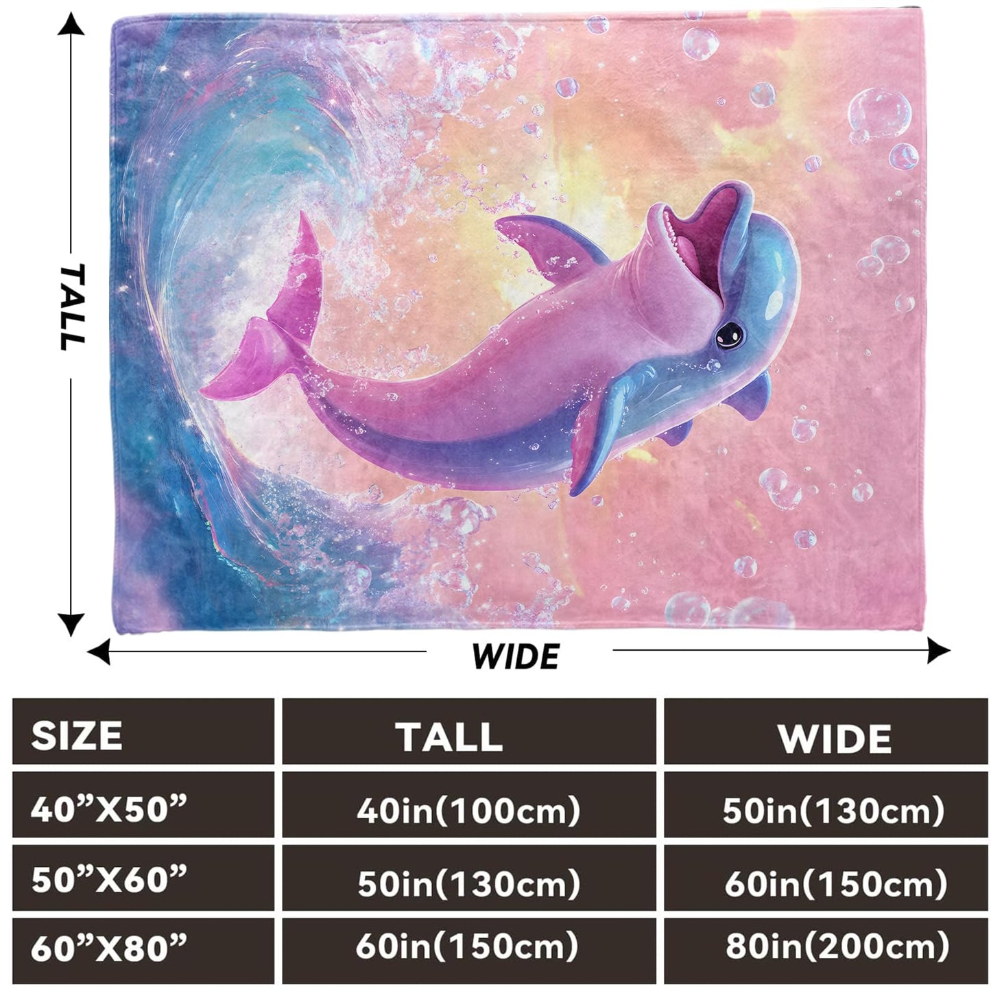 Lugiu Cute Cartoon Dolphin Blanket, Lightweight Comfy Pink Sunset Waves Blankets for Couch Sofa Bedroom, Soft Plush Travel Flannel Throw Blanket Gifts for Adults Women Kids, Home Decor 60×50in