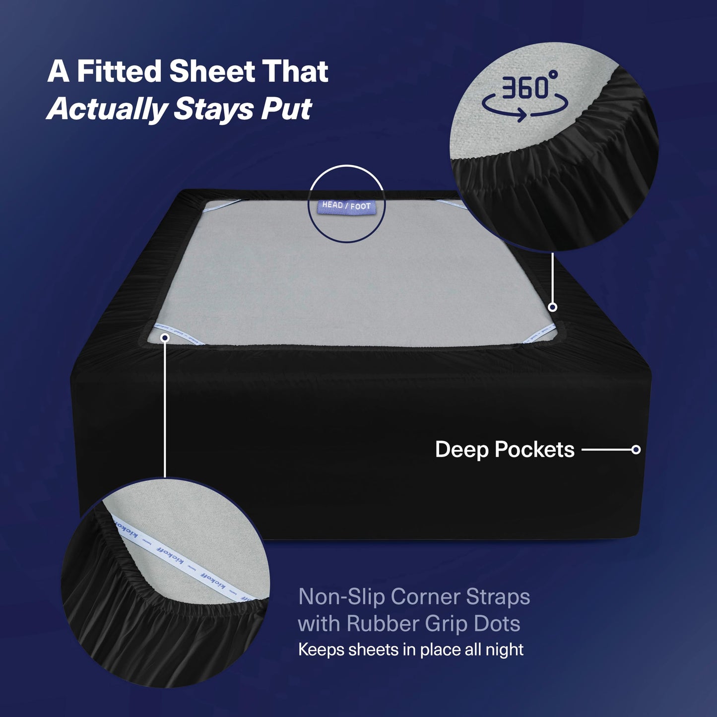 Kickoff Viscose Bamboo Fitted Sheet Queen Size, 100% Organic Cooling Sheets Fitted ONLY Viscose Bamboo Sheets Queen Size Bed Sheet for Hot Sleepers, Extra Deep Pocket, 4 Corner Strap (Q, Onyx Black)