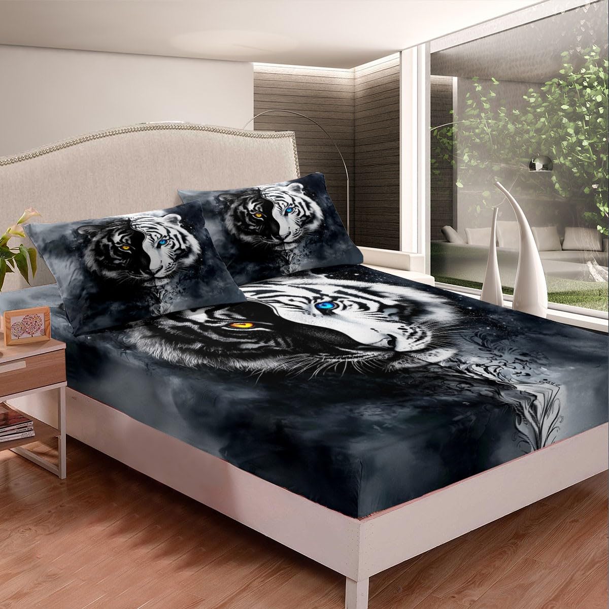 Erosebridal Boys Tiger Bedding Set Twin Size, African Safari Animal Bed Sheets Set Exotic Wildlife Flat Fitted Sheet Black White Soft Microfiber Bed Set for Adult Teens Youth Men Bedroom Decor