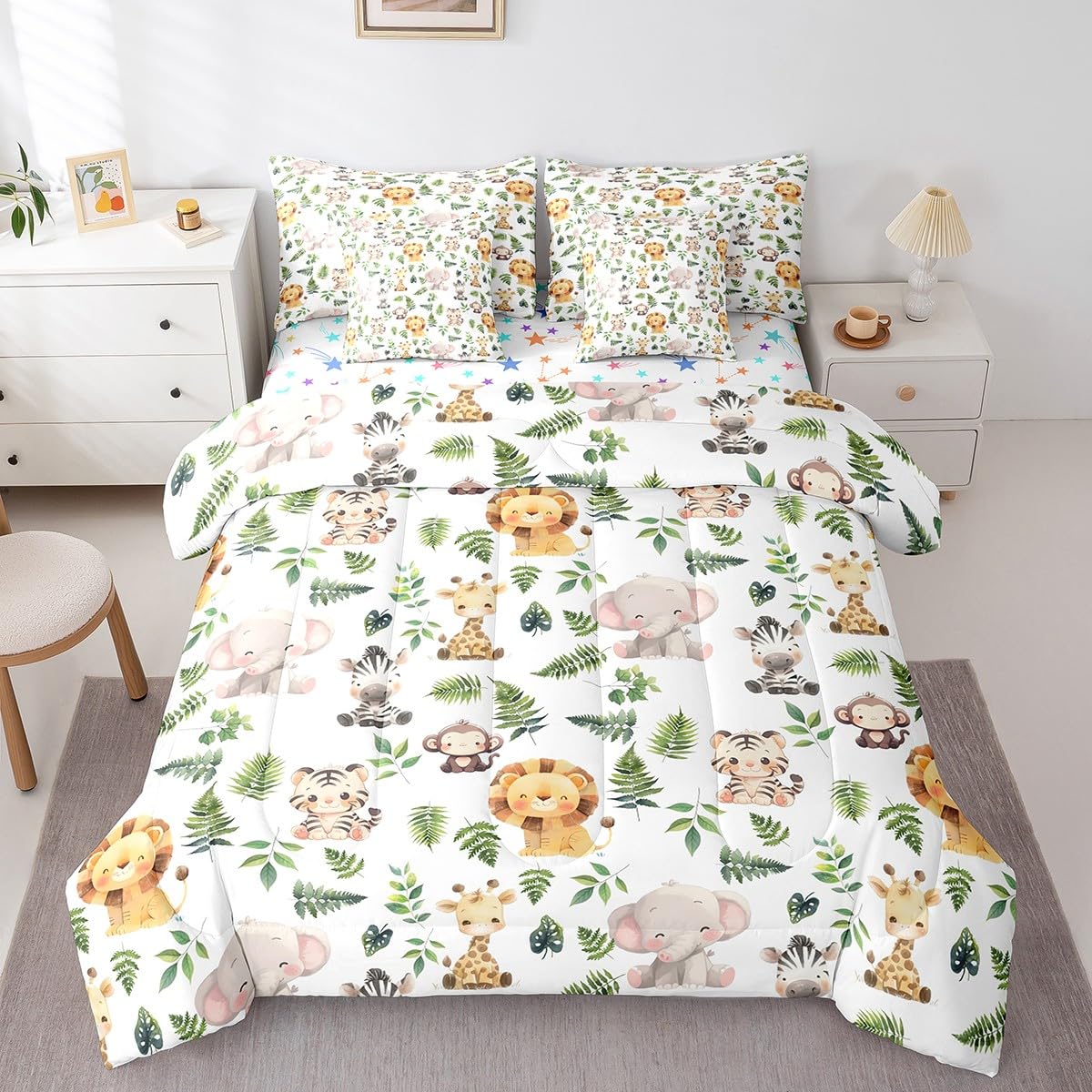 Erosebridal Cute Jungle Animal Twin Size Comforter Set with Sheets Kids Cartoon Zoo Animal 7-Piece Bedding Set Teens Giraffe Elephant Lion Bed in a Bag Green Palm Leaves Bed Quilt Sets