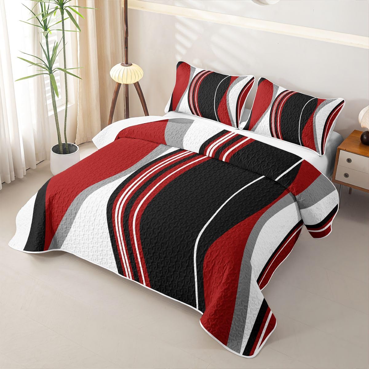 Erosebridal Red and Black Striped Quilt Twin Grey Modern Abstract Quilt Set Geometric Stripes Lines Quilted Bedspread with 1 PillowcaseContemporary Art Boho Coverlet