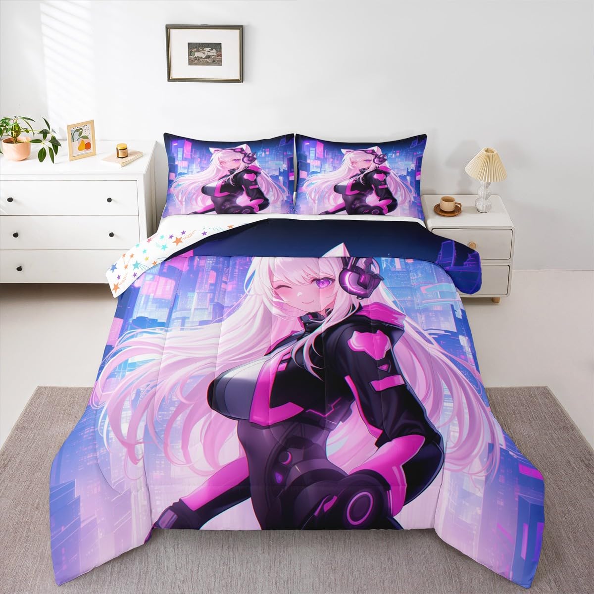 Erosebridal Twin Anime Girl Comforter Set 2 Piece, Kawaii Japanese Anime Bedding Set Cartoon Girl Bedding Comforter Sets Sci Fi Style Japanese Animation Quilt for Kids Girls Teens Adult Room