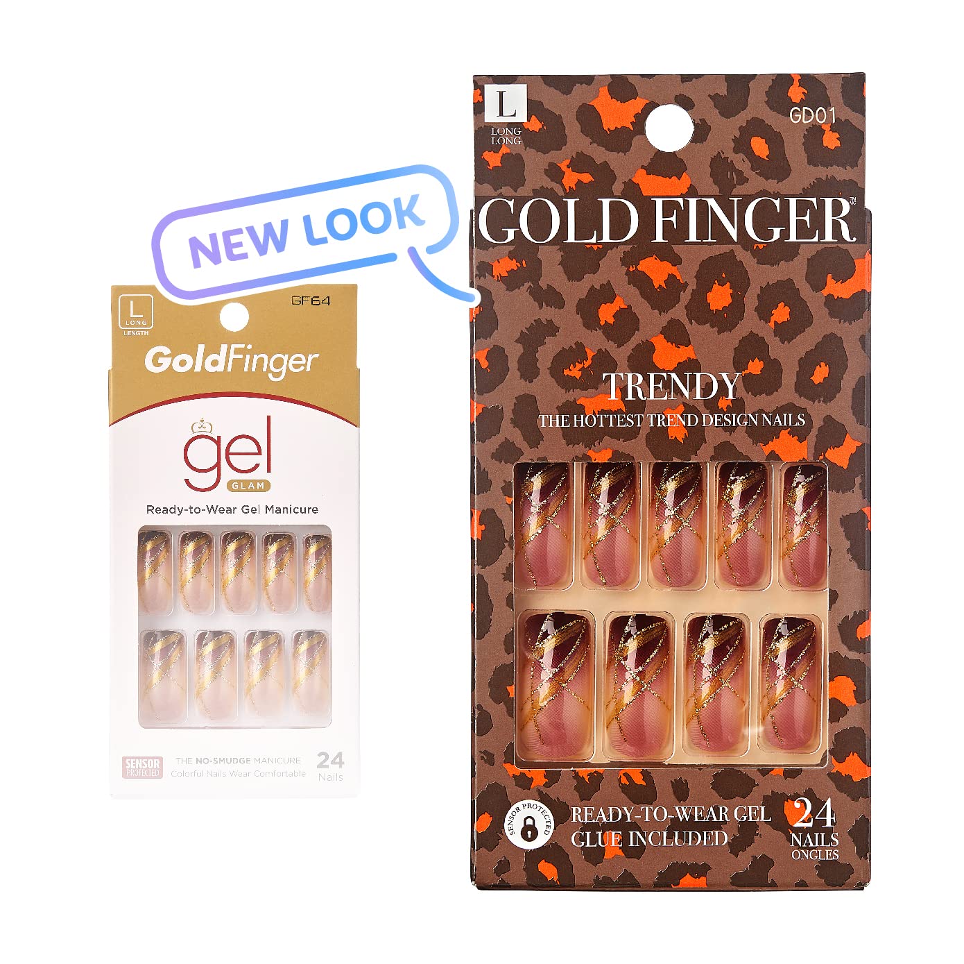 KISS Goldfinger Gel Glam Press on Nail Dark Brown Glitter French Full Cover Luxurious Design, Square Shape, Medium Length, Mini Glue Included GF64