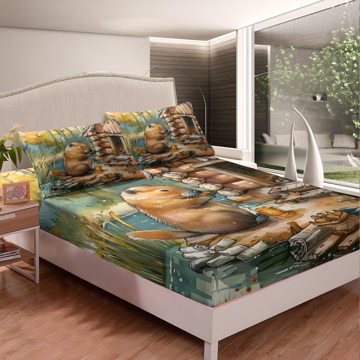 Erosebridal Boys Beaver Queen Size Bedding Set, Cute Guinea Pig Bed Sheets Lovely Animal Fitted Sheet for Kids Teens Adult Cabin Decor, Rustic Farmhouse Lodge Bed Set with 2 Pillow Cases,Brown