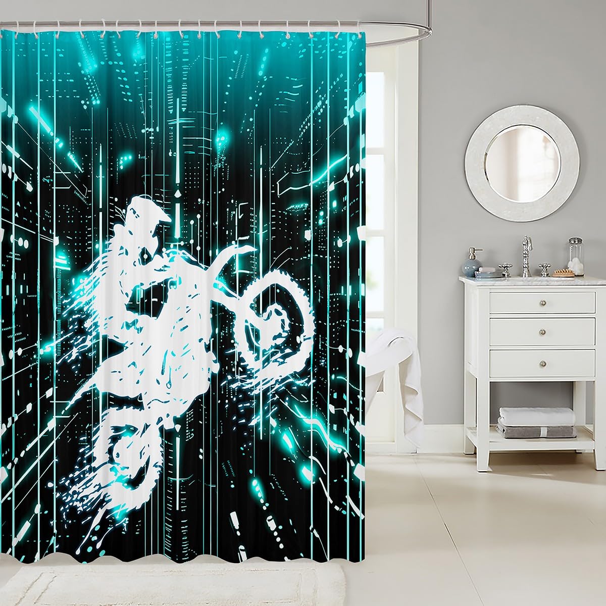 Feelyou Kids Dirt Bike Bath Curtain Racing Motocross Rider Bathroom Shower Curtain Set Boys Girls Motorcycle Shower Curtain Motorbike Teens Bathroom Accessories Bedroom Decor 72"x78"