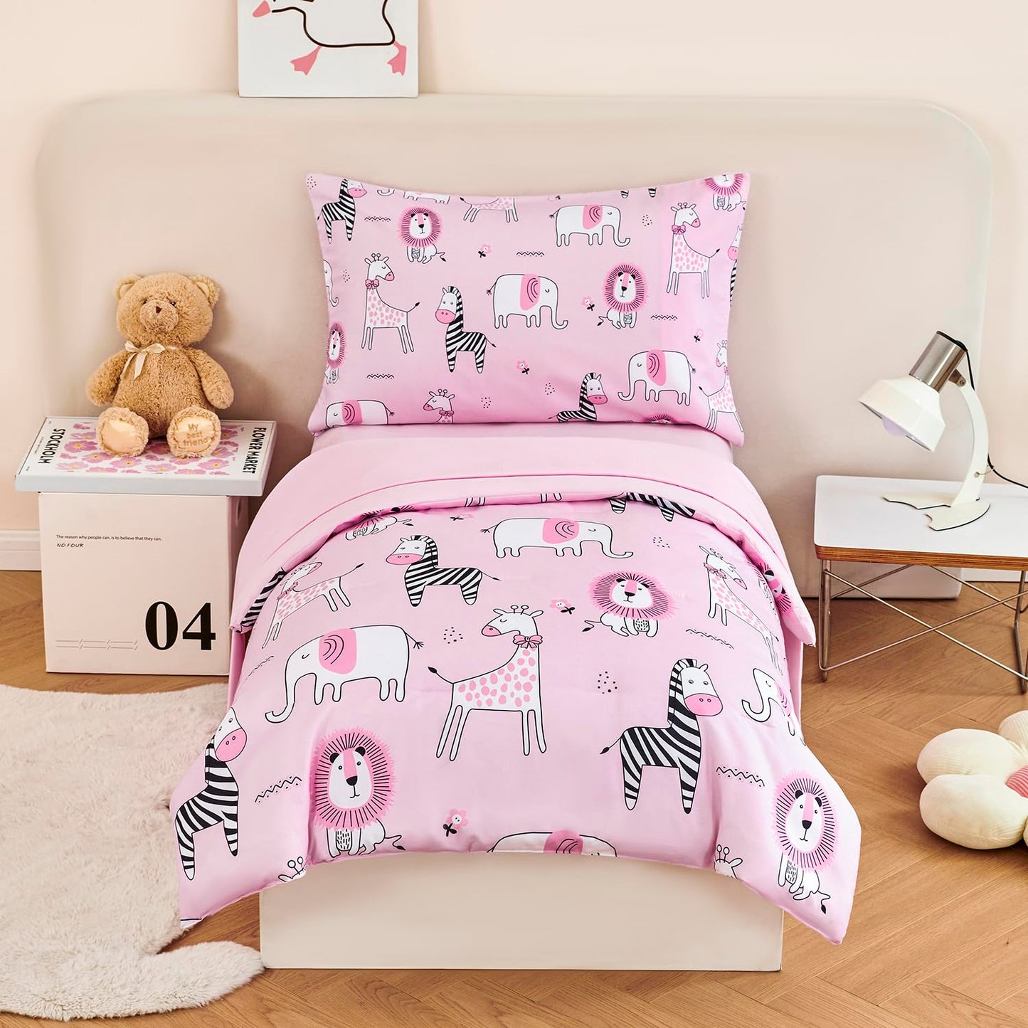 URBONUR 4-Piece Toddler Bedding Set - Ultra Soft Cartoon Pink Zoo Animals Girls Toddler Comforter Set - Include Comforter, Flat Sheet, Fitted Sheet and Reversible Pillowcase, Pink Animal