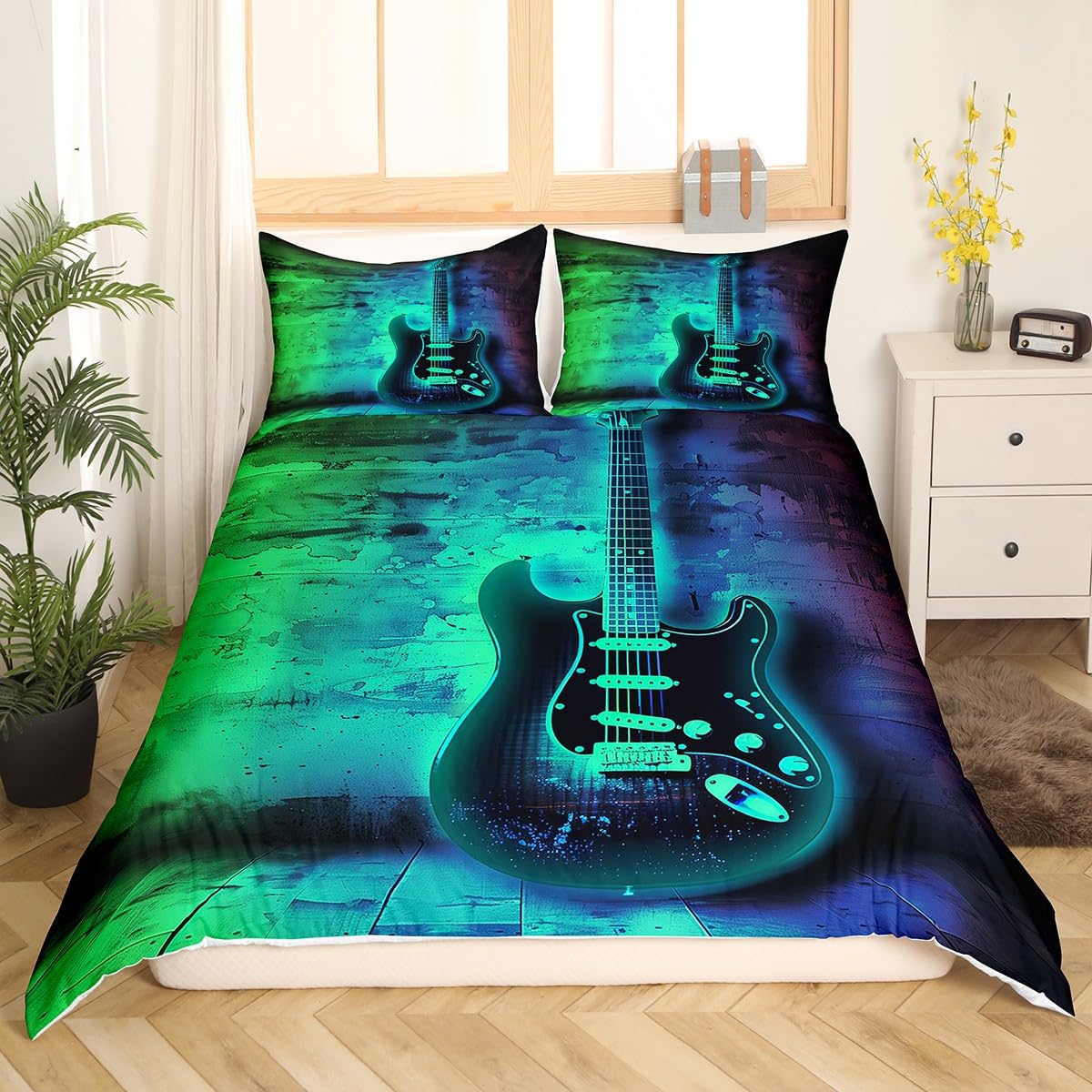 Electric Guitar Duvet Cover,Stringed Musical Instruments Bedding Set for Kids Child Boys Youth,Gradient Tie Dye Blue Teal Green Comforter Cover Set Hip Hop Pop Music Hipster Bedroom Decor King Size