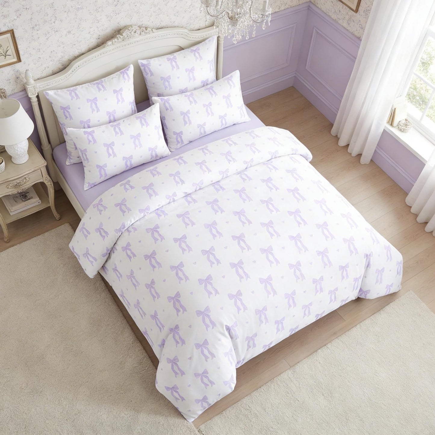 Sedefen Purple Bow Duvet Cover, 3 Pieces Cute Heart Pattern Bedding Set, Reversible Coquette Aesthetic Bowknot Love Printed Duvet Cover Set for Girls Bedroom, All Season