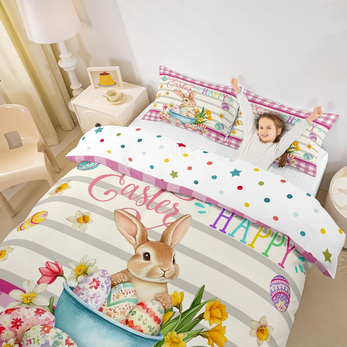 Erosebridal Easter Decorations,Rabbit Comforter Cover Happy Easter Themed Easter Egg Duvet Cover,Pink Yellow Tulip Flowers Checkered Grid Bedding Set Queen,Easter Gifts for Kids Kawaii Room Decor