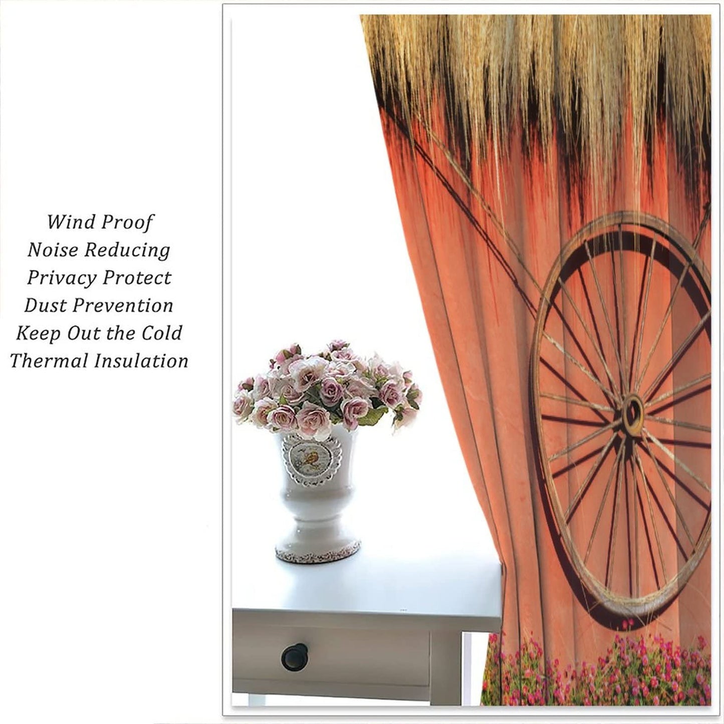 Wooden Door Curtains,Flowers and Wagon Wheel Theme Room Darkening Door Window Rod Pocket Curtain for Living Room Bedroom Kitchen Bathroom W42xL45in