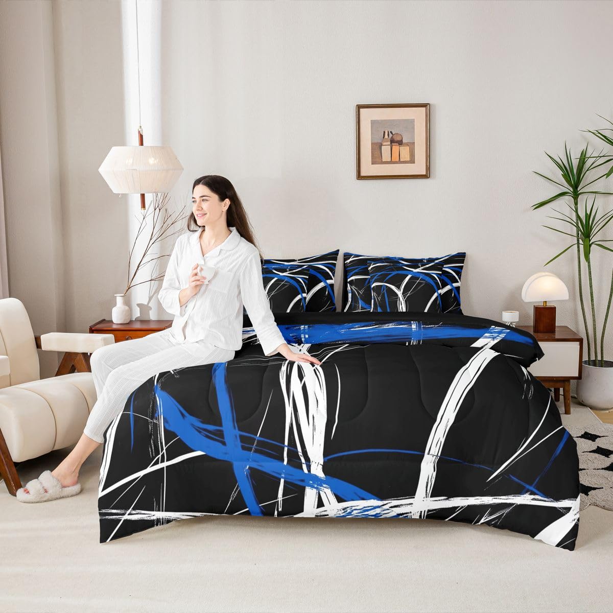 jejeloiu Modern Abstract Comforter Set Full SizeBlue Stripe 7 Pcs Bedding for Kids and AdultsGeometric Aesthetic Boys Girls Bed in a Bag Bed Sheet Sets with Fitted Sheet Pillowcases