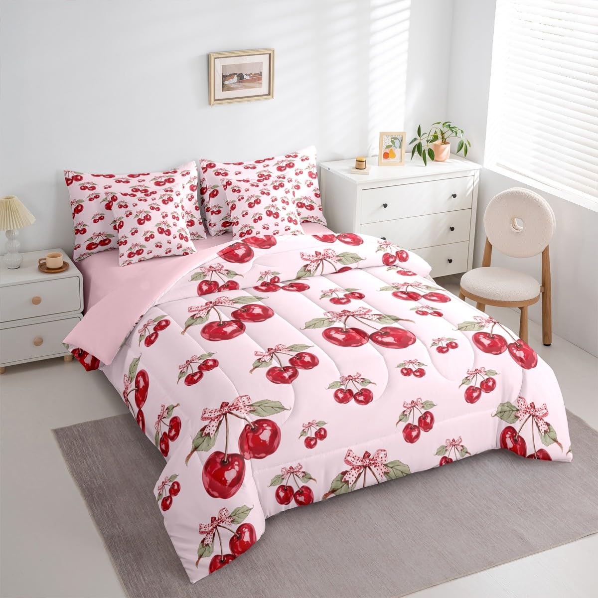 Feelyou Red Cherry Comforter Set with Sheets 7 Piece Twin Size Pink Bowknot Bed in a Bag Kids Boys Girls Cartoon Cherry Bedding Set Cute Bow Bedroom Decor Breathable Soft Lightweight Microfiber