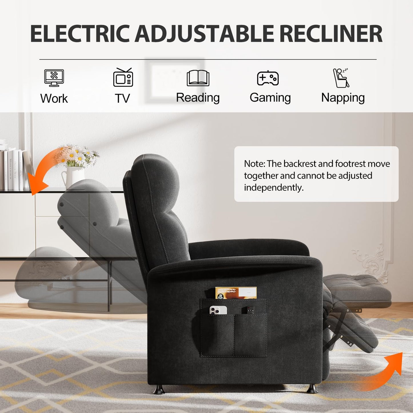 LegacyAmerhome Power Recliner Chair for Adults with Heat & Massage - Soft Fabric Electric Reclining Sofa with Remote Control, 3 Side Pockets, 180° Lay Sleeper for Home Theater Living Room, Black
