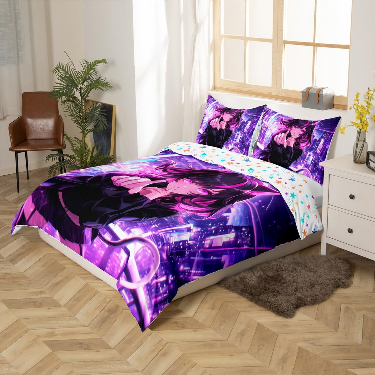 Erosebridal Kids Anime Girl Full Size Duvet Cover, Japanese Anime Bedding Set, Cartoon Girl Comforter Cover for Boys Teens Bedroom Decor, Kawaii Japanese Animation Bed Set with 2 Pillow Cases