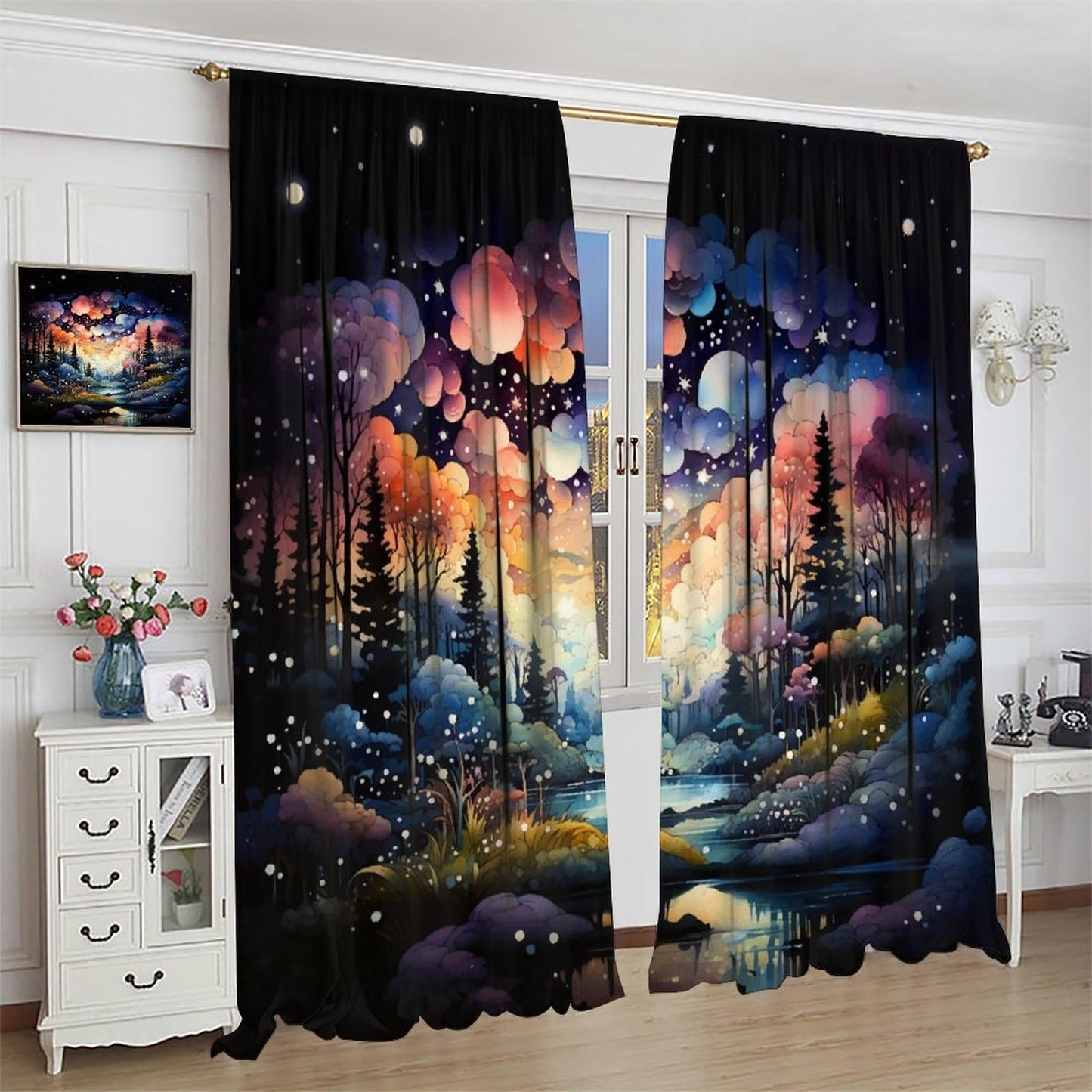 Fantasy Forest Curtains, Colorful Dreamy Mystic Fairy Tale Magic Jungle Under Starry Sky, Thermal Insulation Blackout Rod Pocket Window Treatments for Living Room Bedroom Bathroom (21x45in) x2 Panels