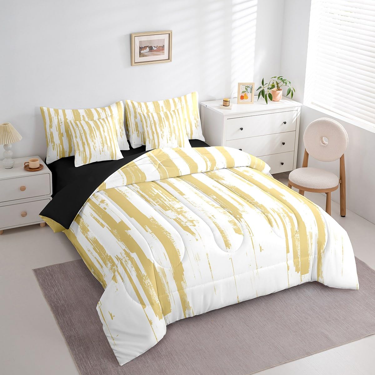 Erosebridal 7Pcs Yellow Striped Comforter Set Twin for Women Men,Modern Geometric Abstract Bedding with Bed Sheets,Gradient Art Aesthetic Bed in A Bag,Boho Graffiti Quilt Set with Pillowcases