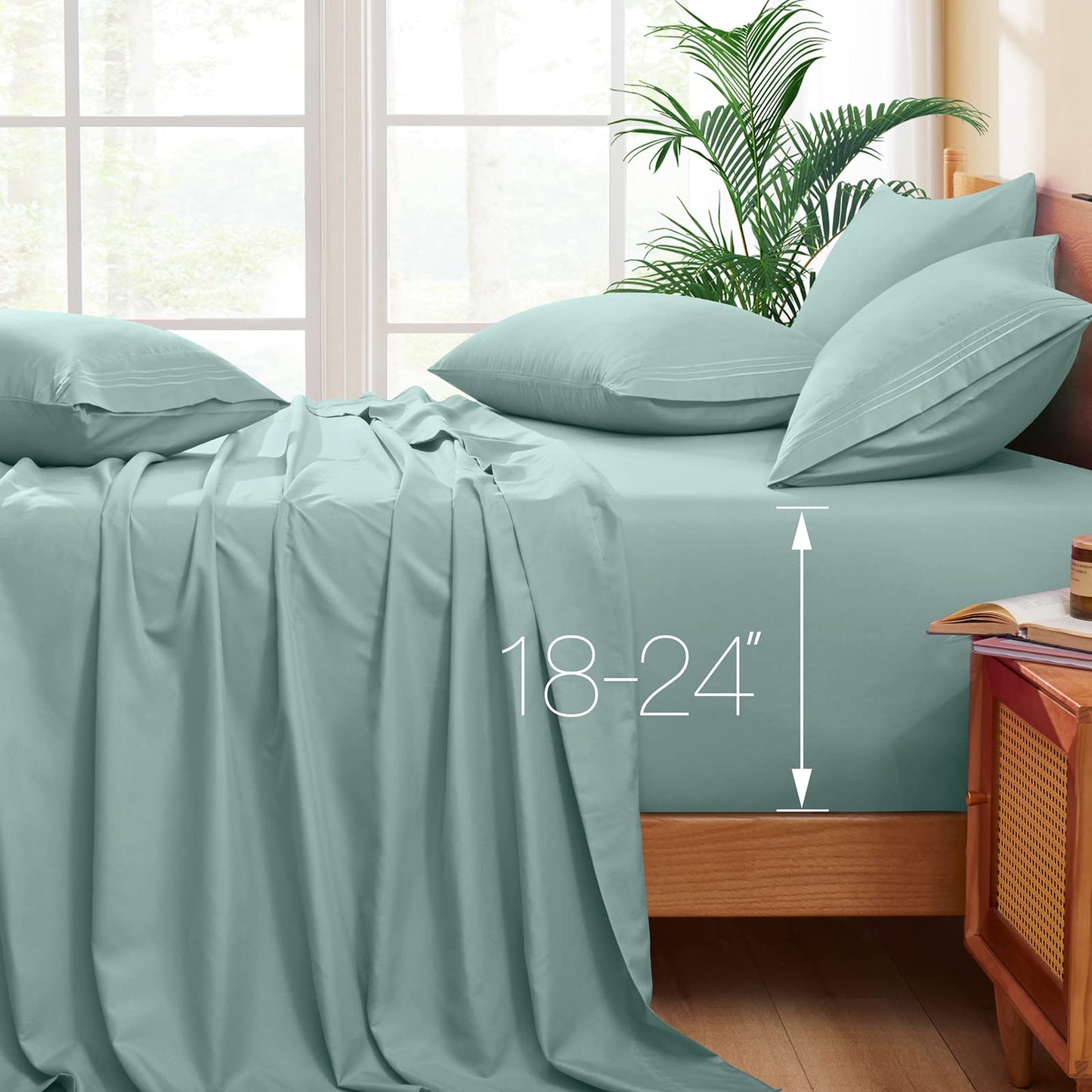 Horbaunal Extra Deep Pocket Queen Sheets - Fits Mattress 18-24 Inches Deep - 6 Pieces Hotel Luxury 1800 Thread Count Microfiber Sheet Set - Ultra Soft Mint Queen Size Bed Sheets