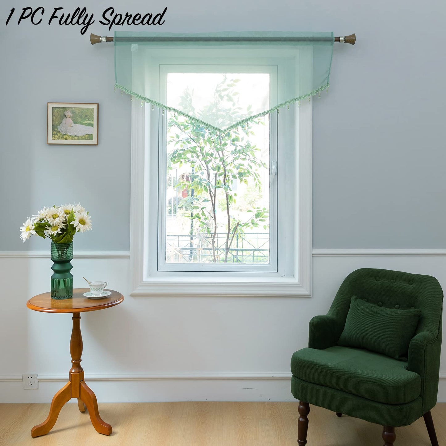 PearAge Beaded Sheer Valance Curtains for Living Room,Rod Pocket Farmhouse Window Valance, Bead Trim Tassel Voile Sheer Curtain Valance for Bedroom Bathroom Cafe 51x24 Inches (Mineral Blue) 1PC