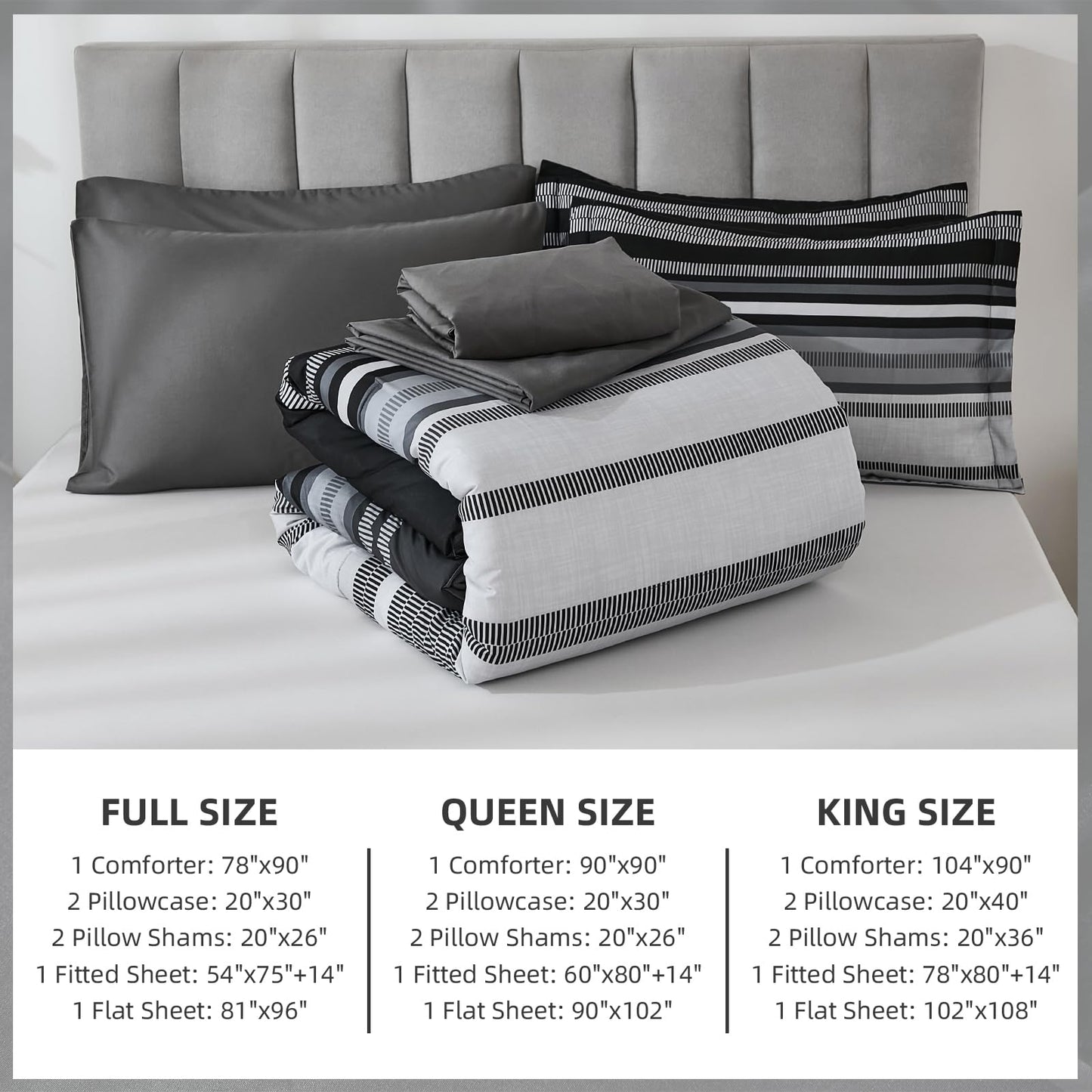 Dobuyly Black Comforters Queen Size Set 7 Pieces, Boho Striped Grey Bed in a Bag Queen Soft Microfiber Bedding Set with Comforter, Sheets, Pillowcases & Shams All Season