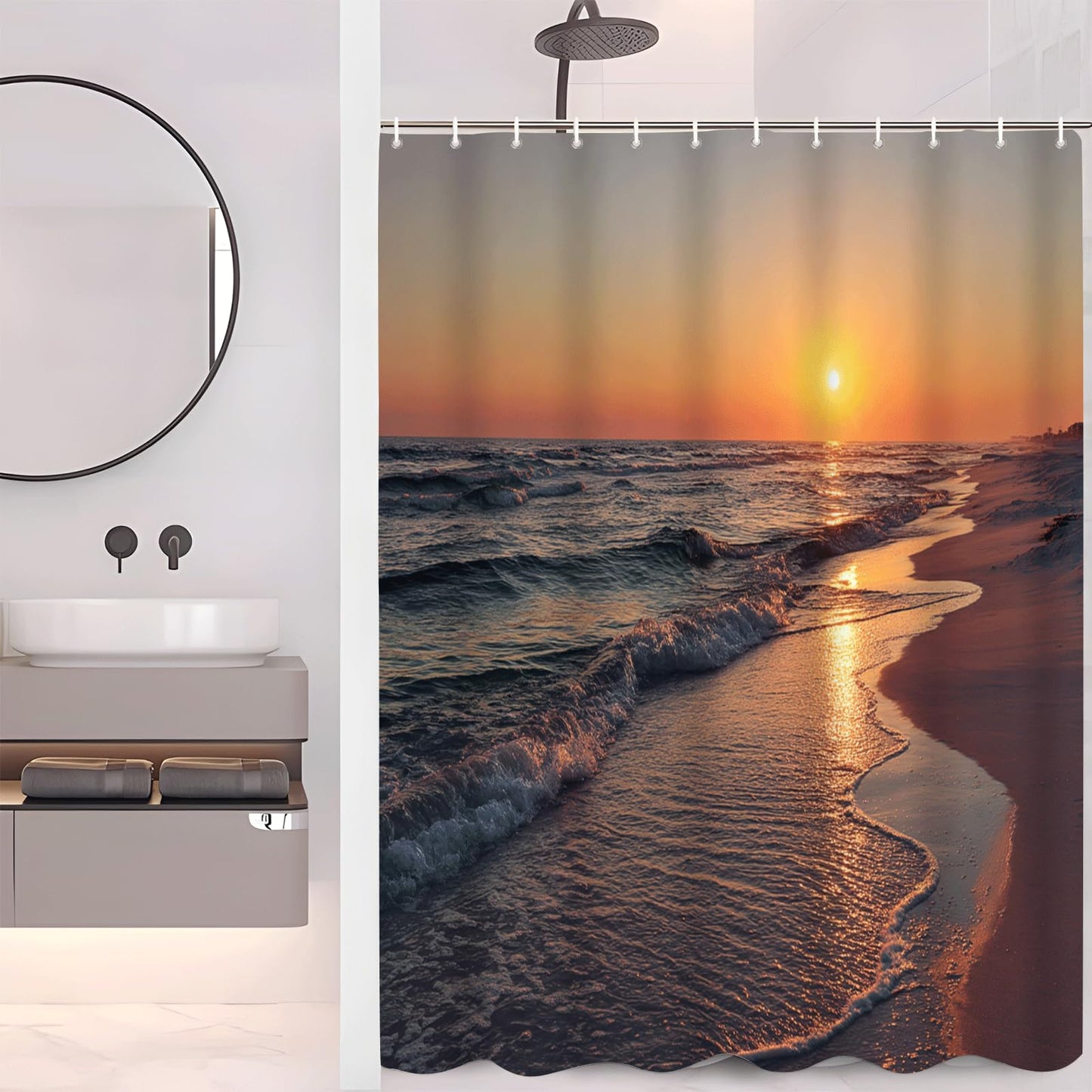 ZROLUW Ocean Beach Shower Curtain -72" W x 72" L Sunset Waves Nature Landscape Water Repellent Shower Curtain Set, Machine Washable, Modern Decorative Polyester Cloth Shower Curtains for Bathroom