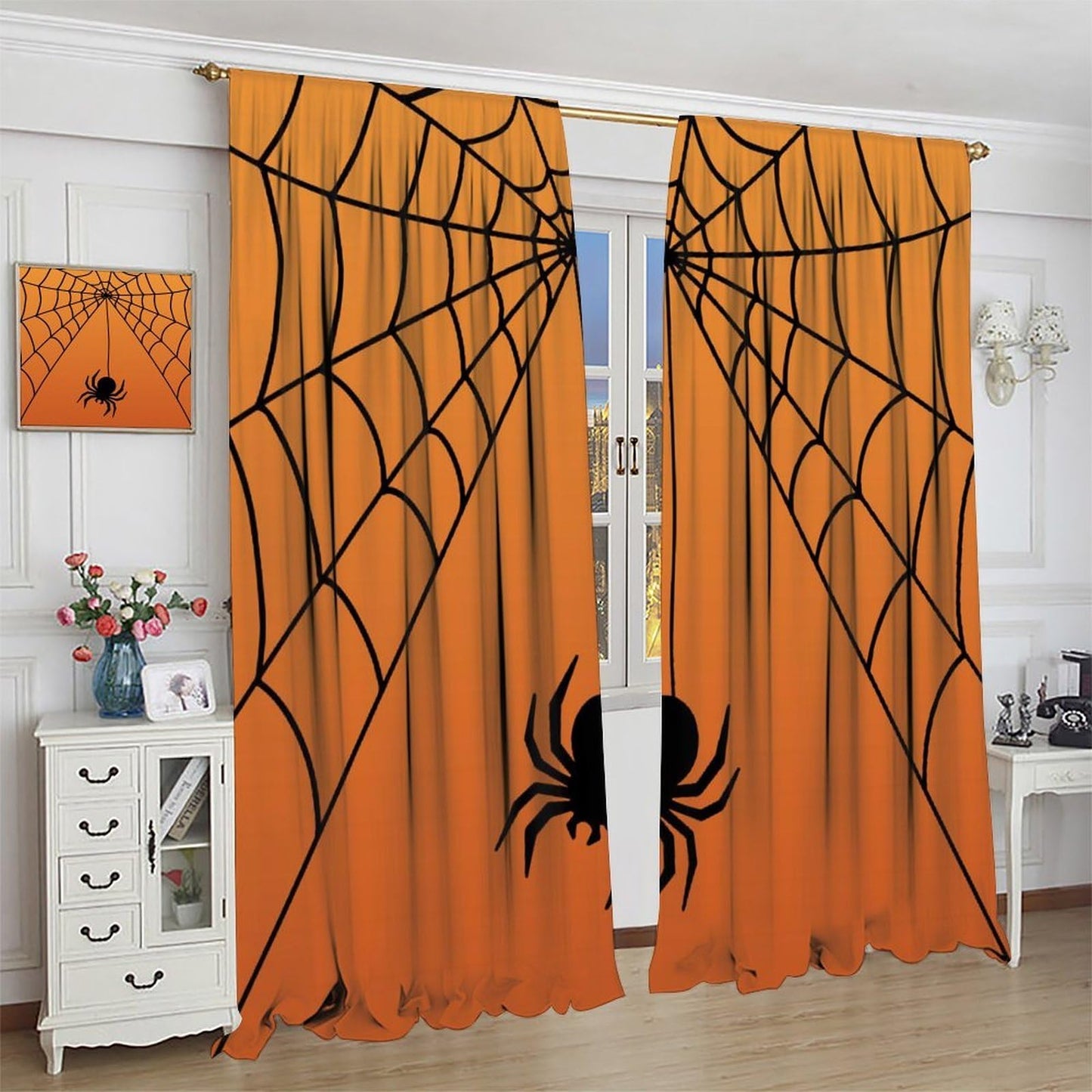 Djaby Spiders Web Curtains, Horror Gothic Halloween Themed Spider Print Window Curtain Drapes for Boys Girls Kids Baby Bedroom Nursery 42" W X 45" L(No Blackout)