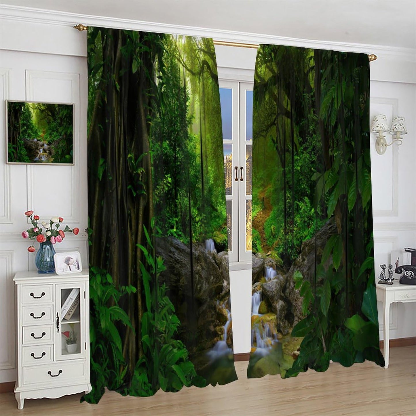 AuiMzoo Waterfall View Curtains, Tropical Forest Botanical Jungle Nature View, Bedroom Living Room Kitchen Blackout Curtains 21" W x 45" L