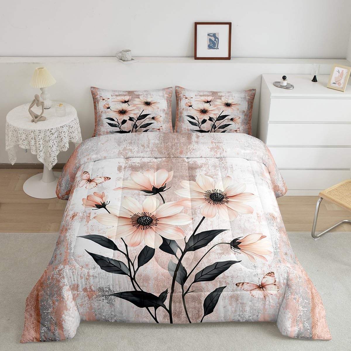 Erosebridal Watercolor Daisy Flowers Queen Comforter Set Abstract Oil Painting Bedding Set Rustic Farmhouse Bed Set Ombre Orange Grey White Quilt Set