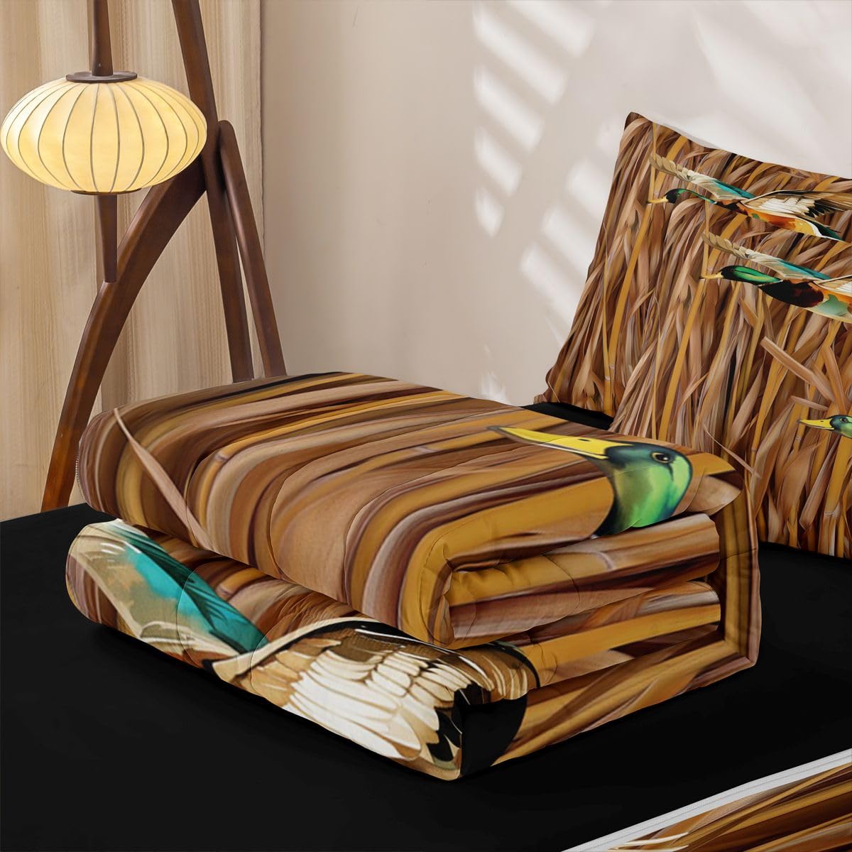 Feelyou Camo Mallard Duck Comforter Set Queen Size Zipper Bedding Set for Girls Boys Hunting Theme Comforter with Fitted Sheet, Pillowcases Wild Animal Duck Zipper Bedding Soft Breathable Bed in a Bag