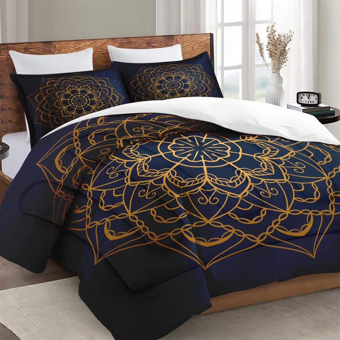 WeCozy Queen Size Comforter Set with 2 Pillowcases, Navy Blue Boho Gold Mandala Soft 3 Pcs Bedding for Kids and Adults Bedroom Bed Decor
