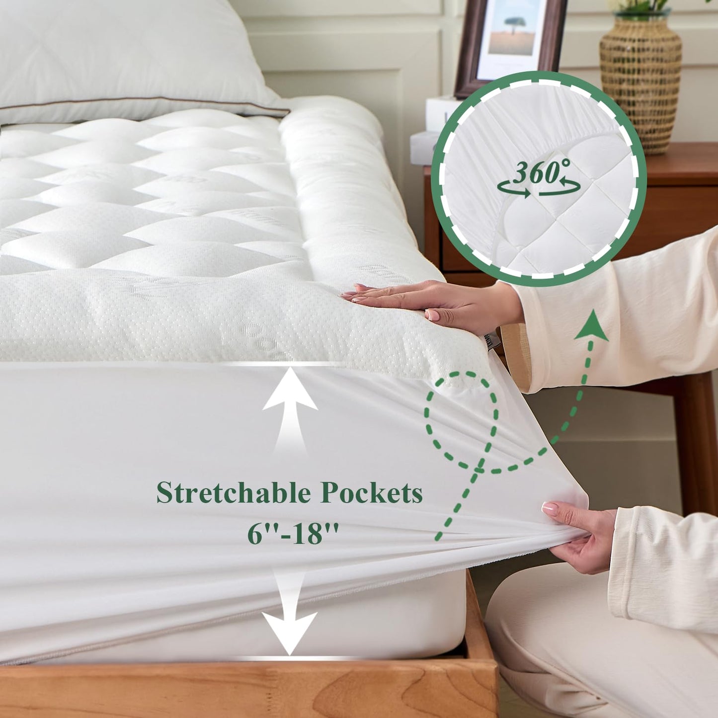 KRIMANO Full Mattress Topper, Viscose Derived from Bamboo Thick Pillow Top Mattress Pad with Deep Pocket, Naturally Cooling for Hot Sleepers, Soft for Back Pain Relief, White