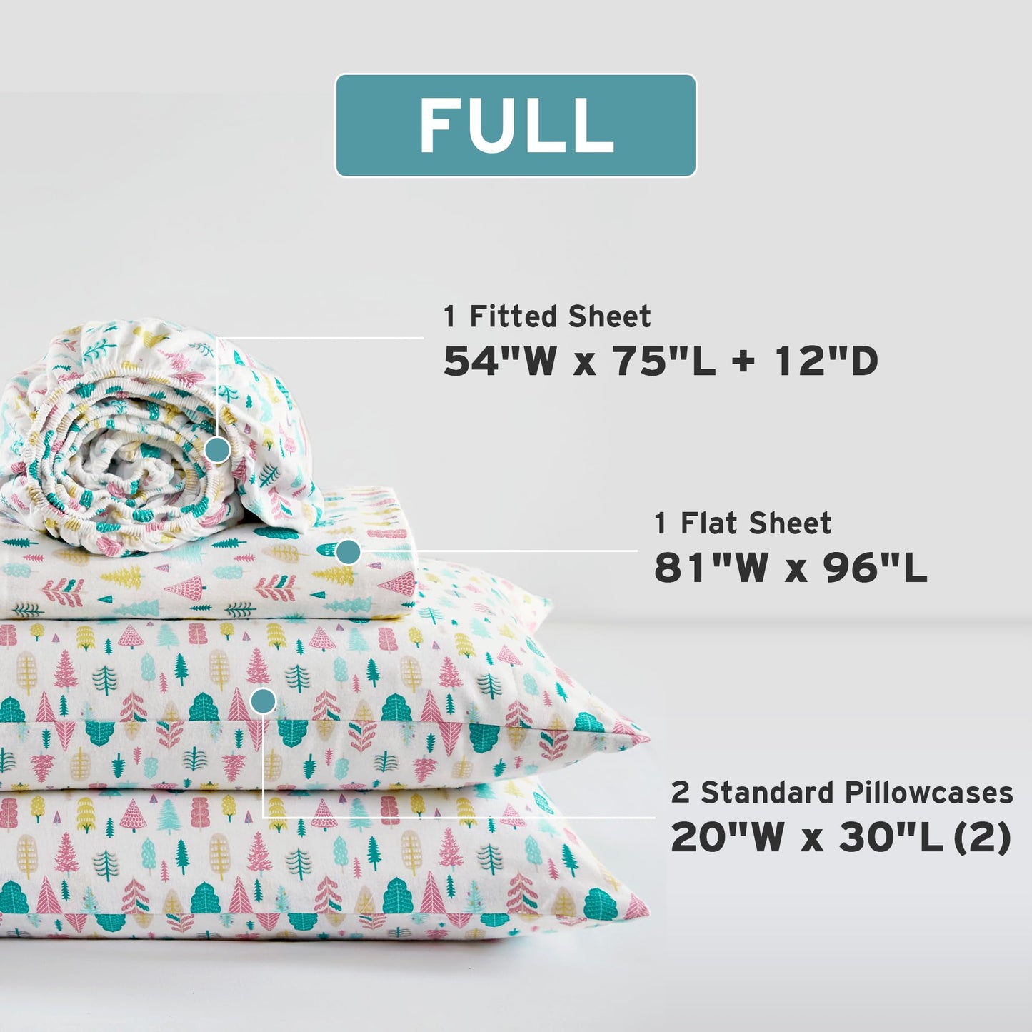 Intelligent Design Cozy Soft 100% Cotton Flannel Sheets, Breathable Festive & Adorable Print Cotton Flannel Sheet Set, Deep Pocket Sheet Fits Up to 16" Mattress, Full White Holiday Trees 4 Piece