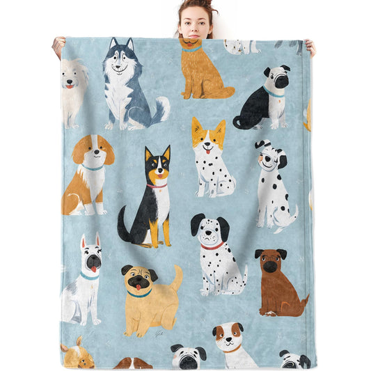 olpddz Colorful Dog Flannel Blanket Gifts for Pet Lover,60x50inch,Adorable Cartoon Puppy Pattern Throw Blankets with Light Blue Background,for Bedroom,Sofa,Living Room,Camping Decor Throws