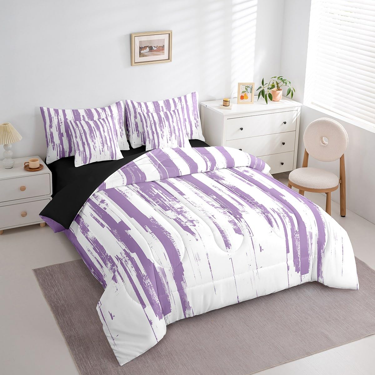 Erosebridal 7Pcs Lavender White Boho King Comforter Set,Geometric Stripes Striped Abstract Bed in A Bag for Women Men Adults Teens,Modern Art Aesthetic Violet Purple Ink Quilt Set with Pillowcases