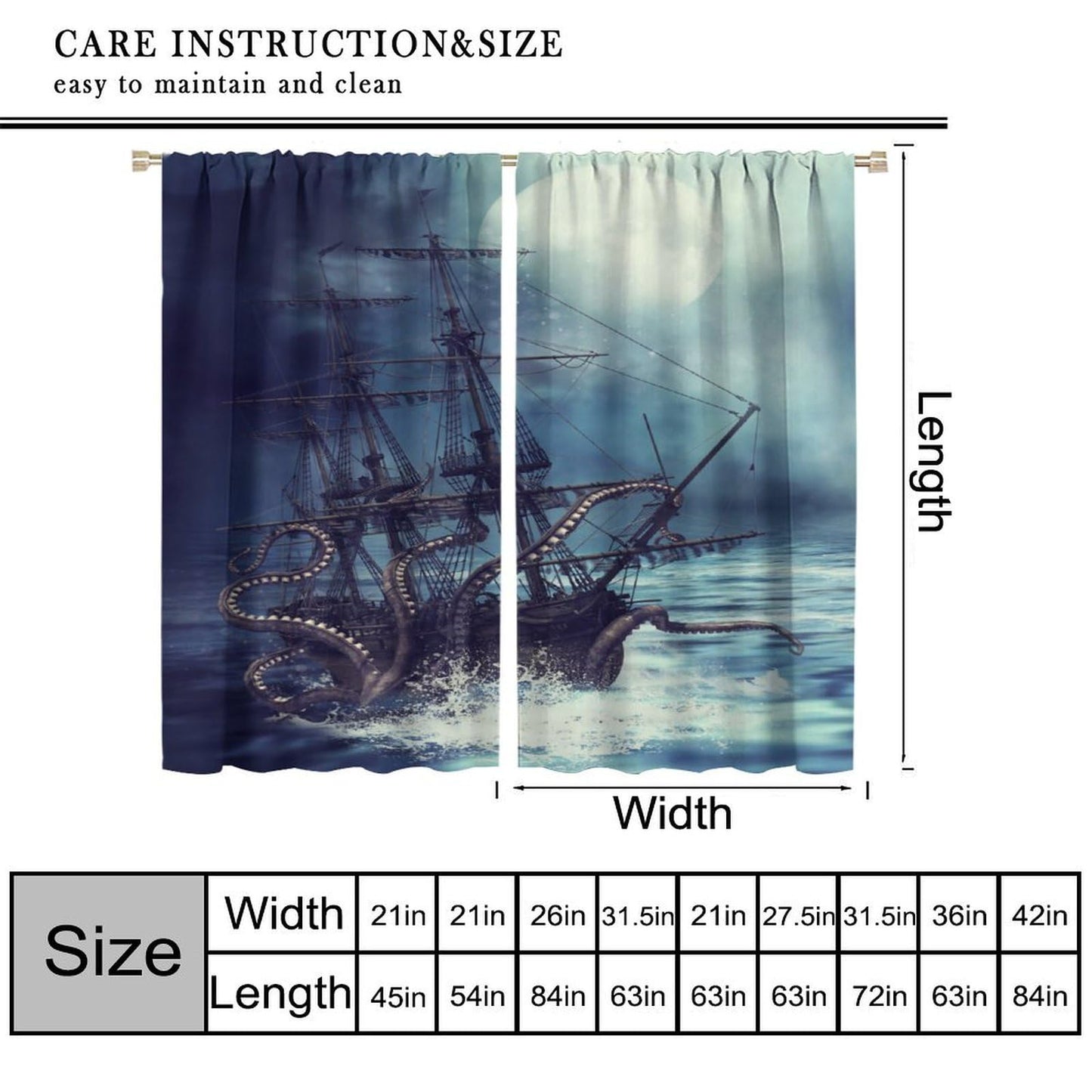 Navy Ocean Curtains, Nautical Sailing Ship Window Drapes for Bedroom Living Room Kitchen, Coastal Beach House Decor, Storm Octopus Theme, 20.5" W x 44.5" L, 2 Panels （No Blackout）