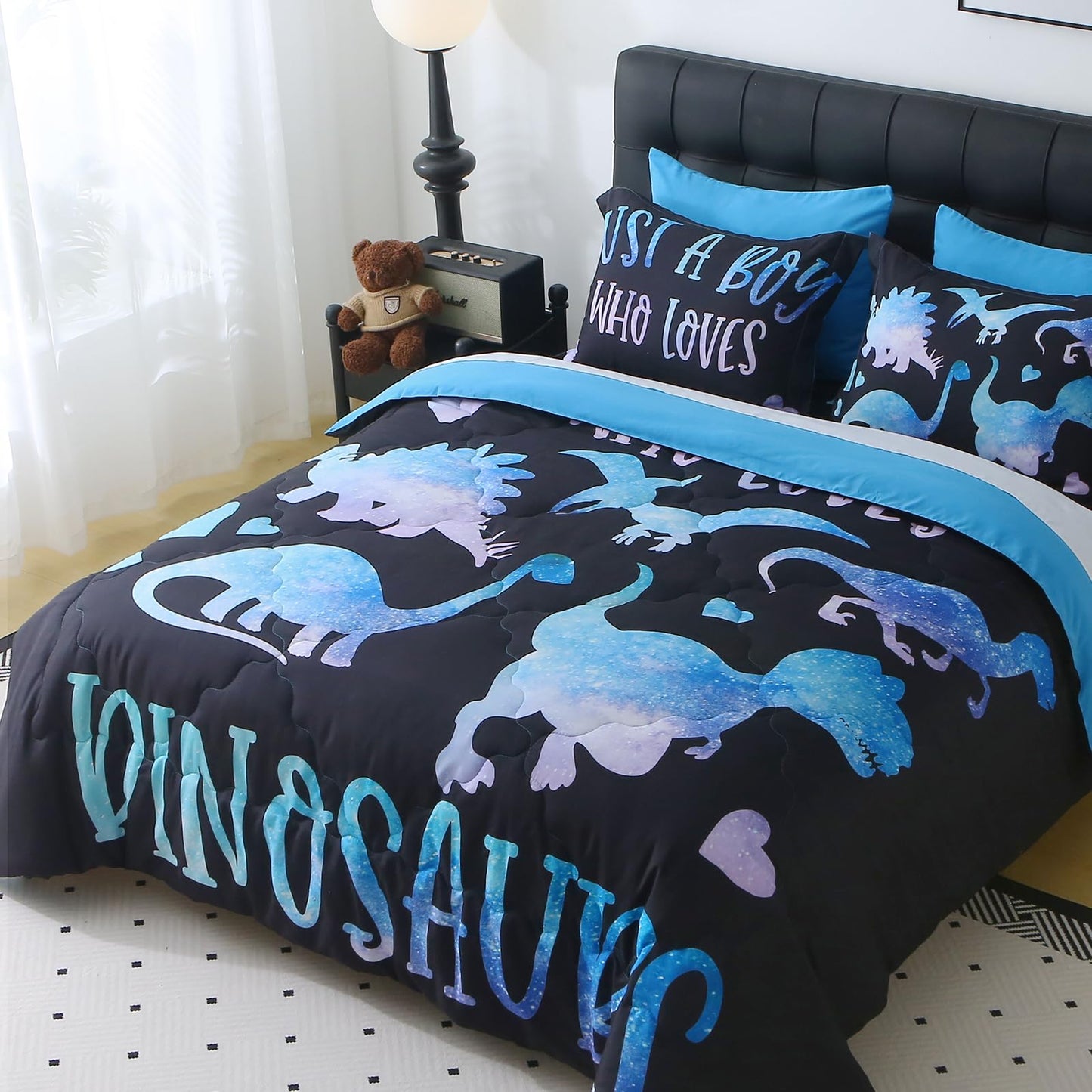 Jameswish 7 Piece Boys Dinosaur Comforter Set Full Size Blue Dinonsaur Soft Microfiber Bed in A Bag with Comforter,Sheet Set,Pillowcase and Sham for Child Teens All Season