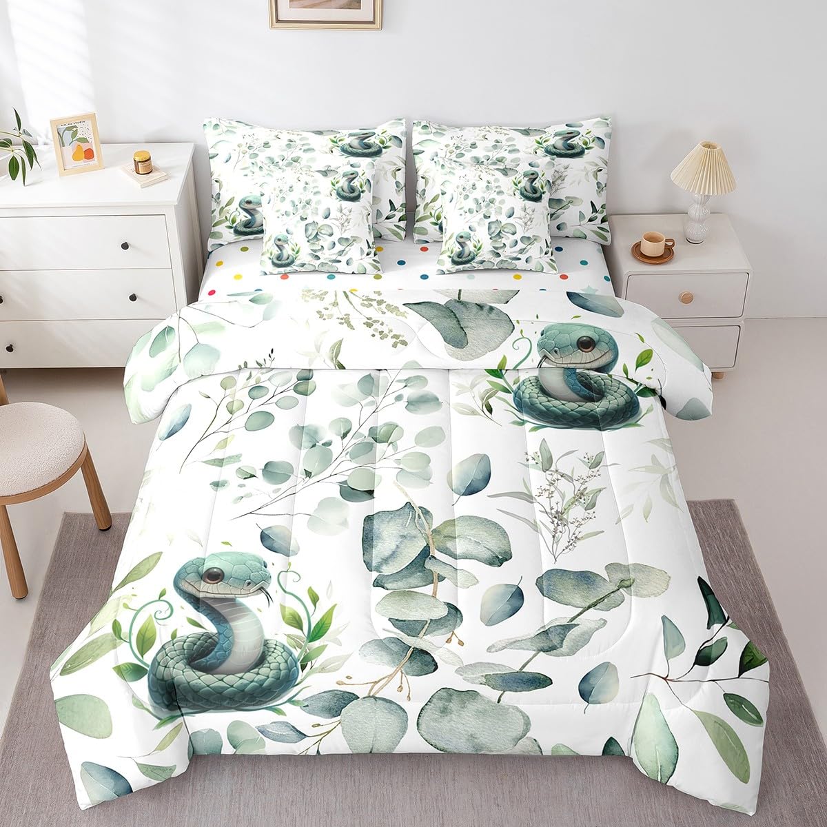 Erosebridal 7-Piece Cute Snake Bedding King for Kids Child Green Eucalyptus Comforter Set, Wild Animal Bedding Comforter Sets Botanical Plant Leaves Bed in a Bag, Cartoon Wildlife Bedding Accessories