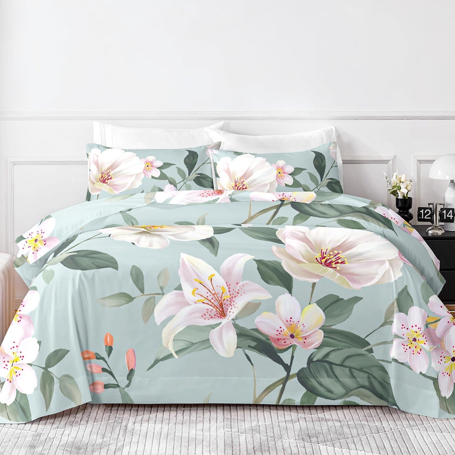 HCORA Floral King Size Sheets Set, Luxury 1800TC Hotel Quality Double Brushed Microfiber Deep Pocket Bed Sheets, Ultra Soft, Breathable and Cooling, 4PC, King