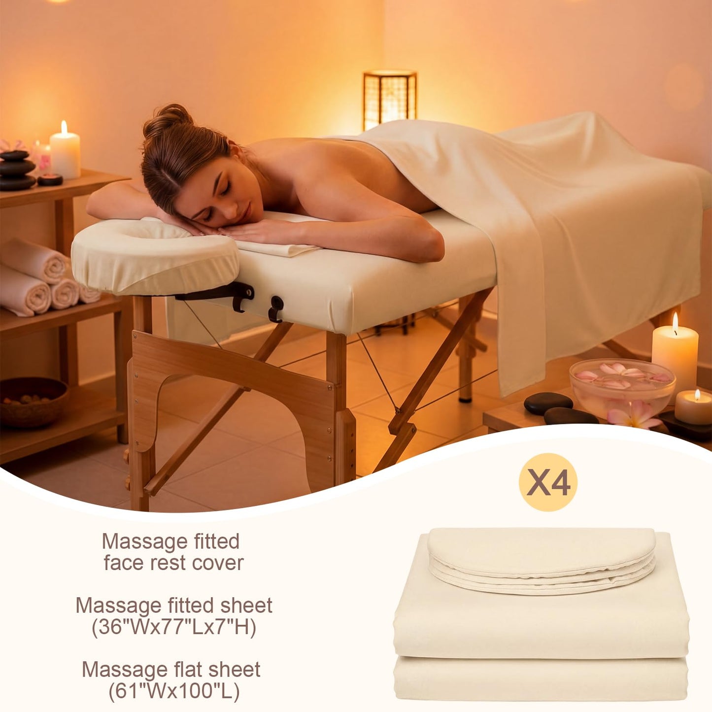 Oudain 4 Sets 3 Piece Soft Microfiber Massage Table Sheets Set Bulk Includes Massage Flat Sheet and Fitted Sheet and Face Rest Cover(Beige)